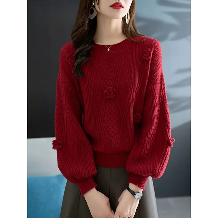 高级感超好看新年毛衣打底衫女2025新款秋冬灯笼袖宽松百搭时尚