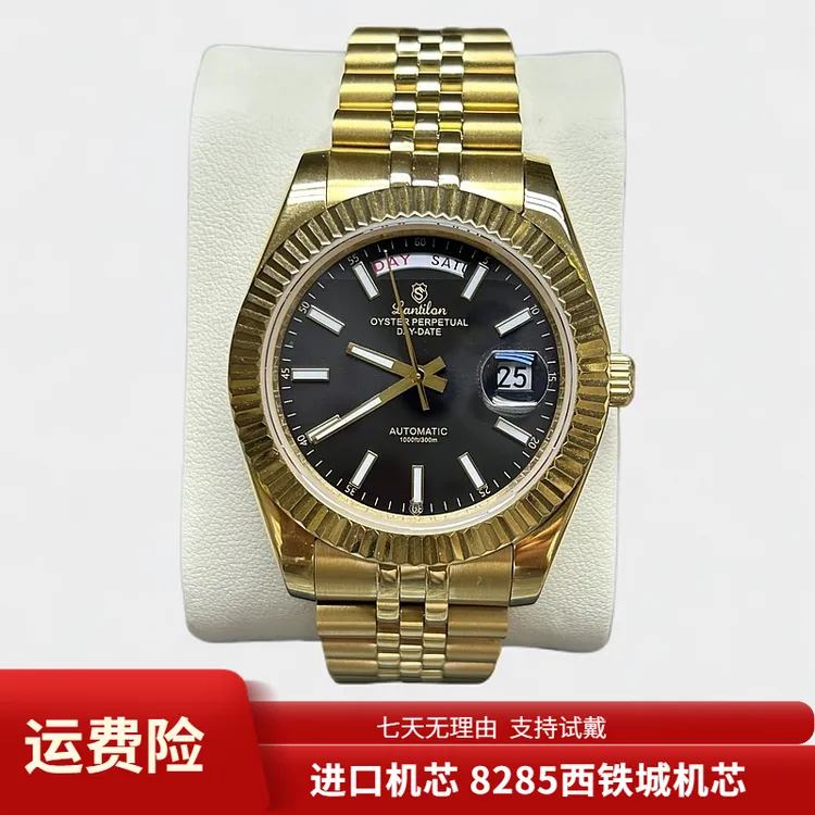 黑冰糖男士机械表进口机芯8285全自动夜光防水奢华金色男表热卖