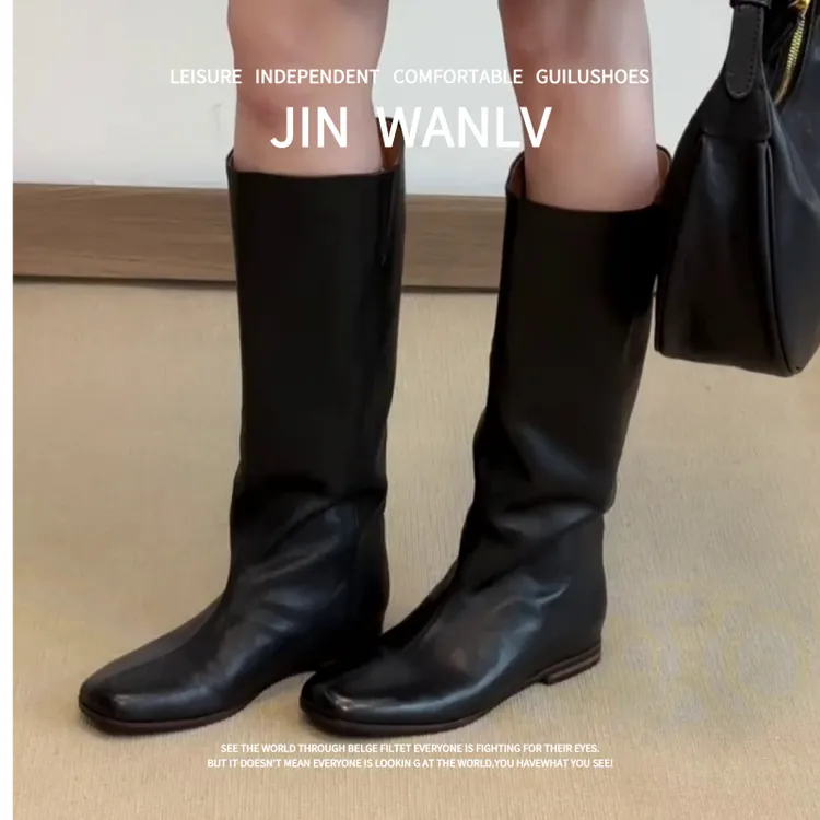 2025秋冬新款~短靴黑色百搭时尚长靴加绒中筒瘦瘦靴厚底时装靴