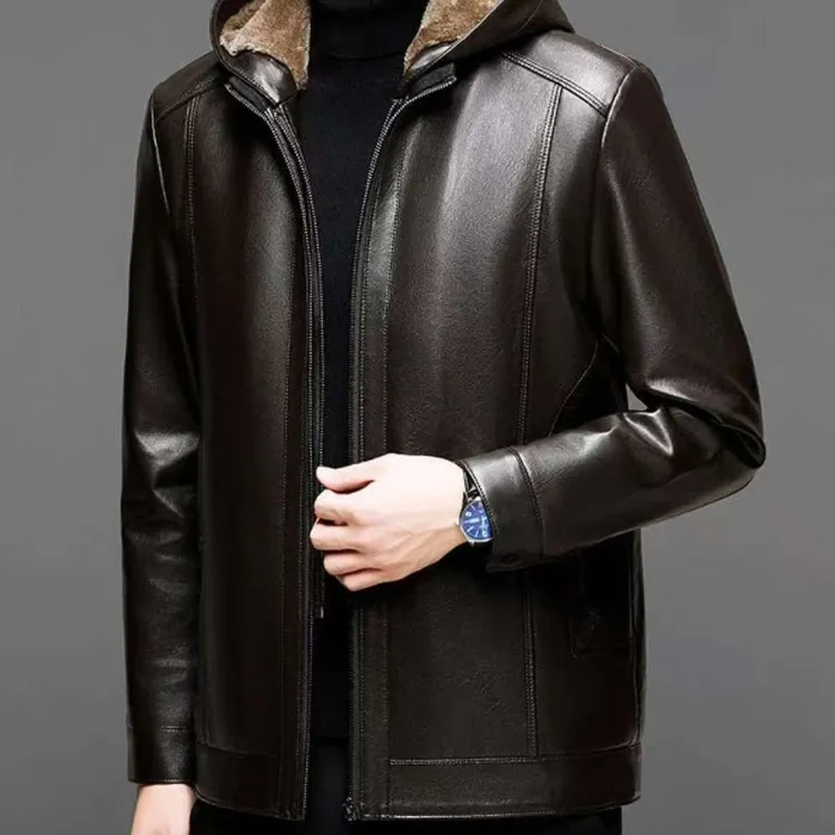 【帽子可脱卸 】 男士海宁皮衣秋冬新款加绒加厚男装皮衣