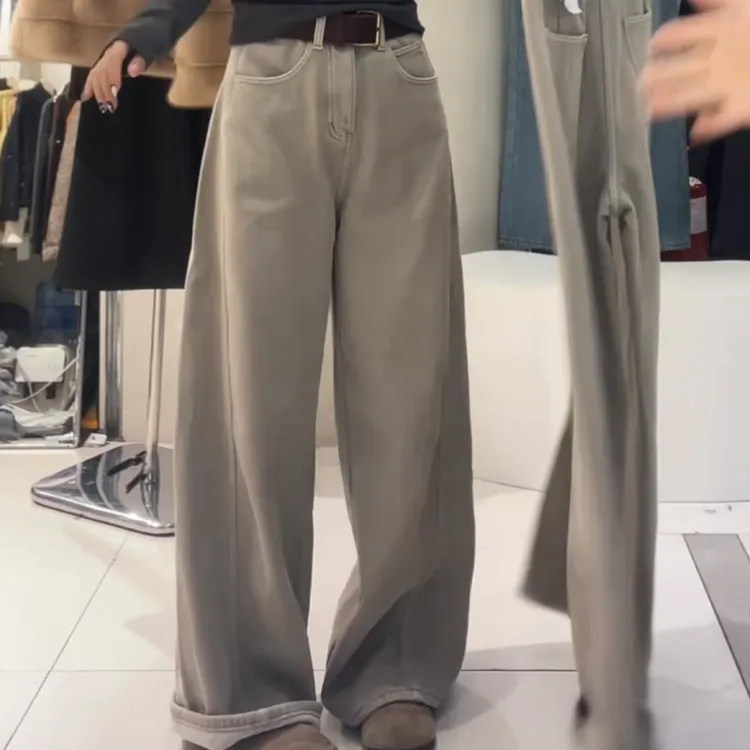 新款奶茶灰咖新加绒加厚直筒弯刀阔腿显瘦牛仔裤LK2507689