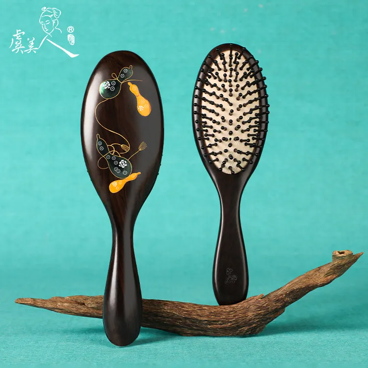 虞美人中秋节礼物送长辈梳子天然黑檀木手工彩绘气囊梳顺发气垫梳