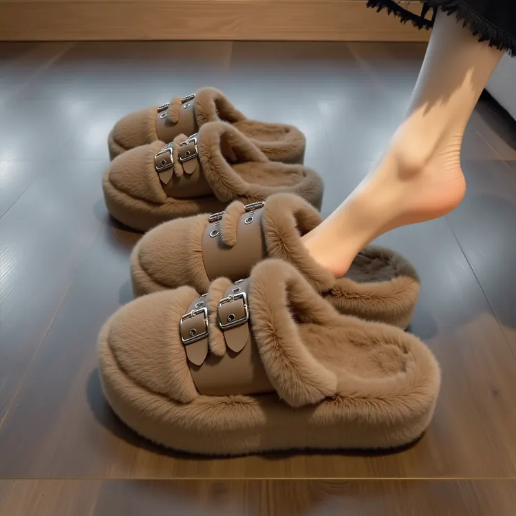 【兔毛绒】包头毛毛拖鞋女外穿秋冬新款厚底软底欧货孕妇保暖棉拖