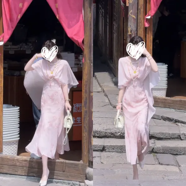 2025新中式国风温柔风高级感粉色网纱披肩提花连衣裙女假两件套装