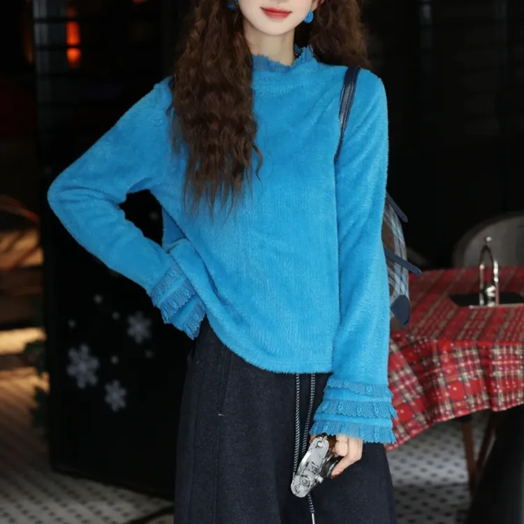 秋冬厚款内搭T恤绿色宽松复古百搭上衣港风喇叭袖女小衫