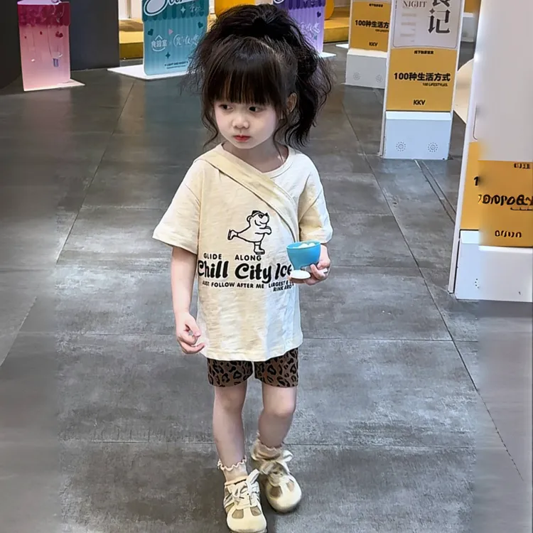 韩国童装女童T恤2025夏季新款简约卡通字母印花短袖上衣骑行短裤