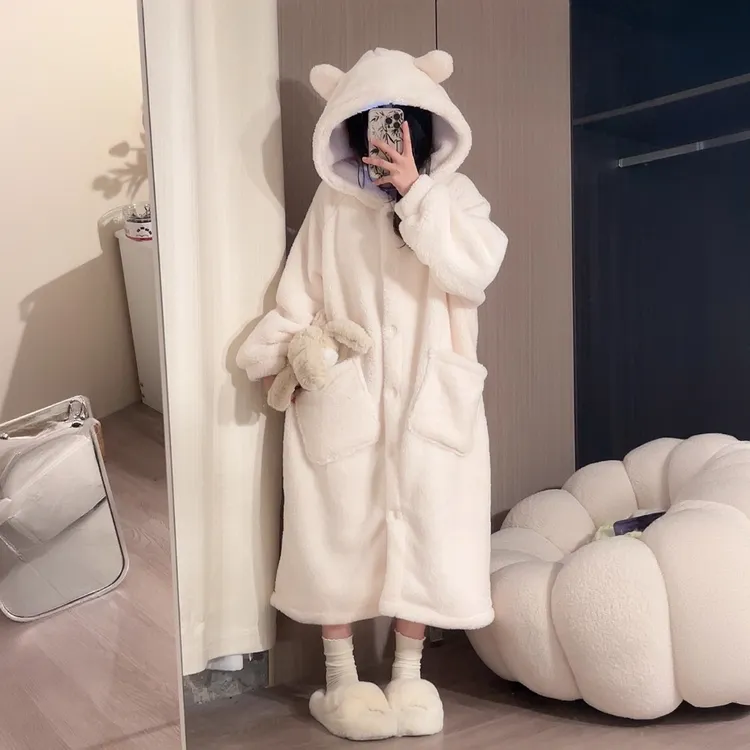 可爱睡袍女冬季长袍加厚加绒冬天珊瑚绒睡衣秋冬款家居服2025新款