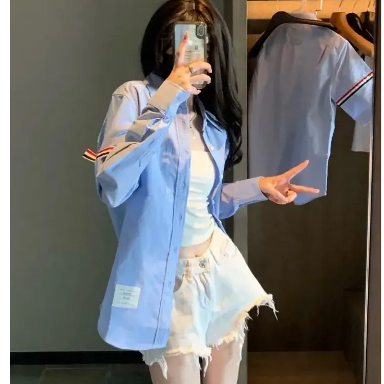 Tb衬衫男女情侣装长袖夏季衬衣小众时尚韩版气质显瘦防晒衣设计感