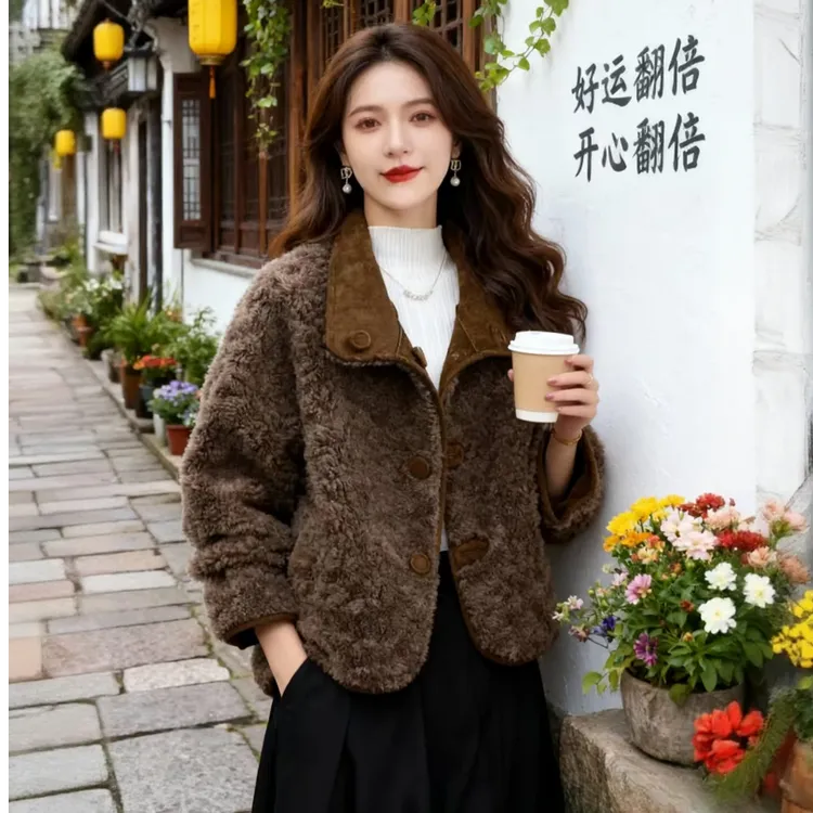 轻奢两面穿皮毛一体小个子羊毛外套2025高档显瘦撞色颗粒羊毛外套