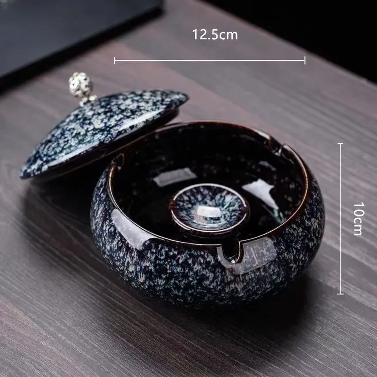 中式烟缸防飞灰茶桌摆件茶几礼品定制陶瓷烟灰缸带盖创意时尚烟缸