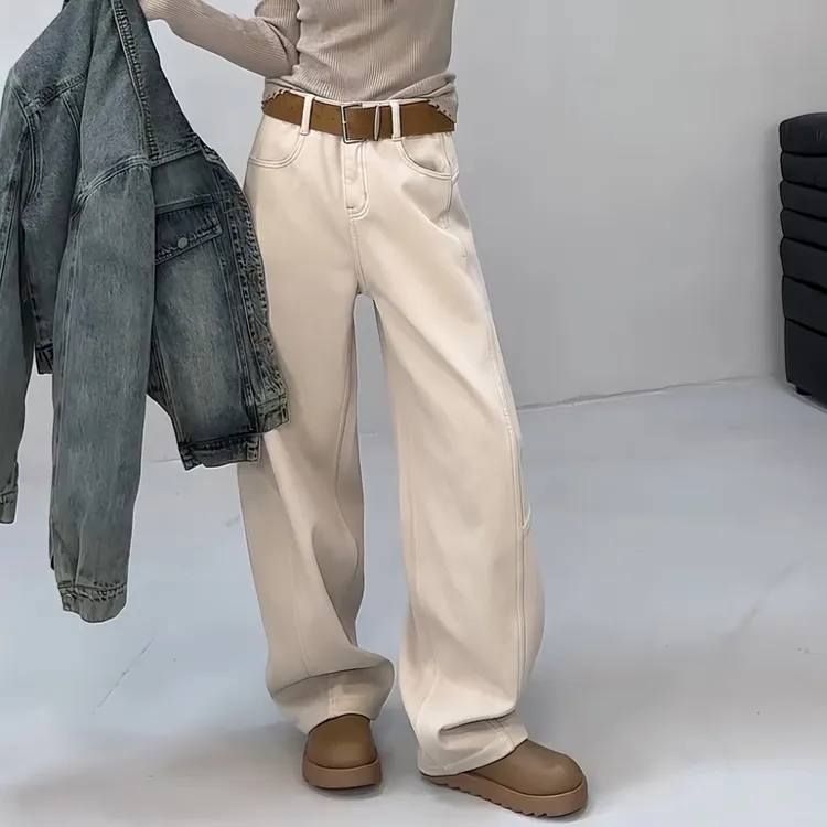 冬季加绒高腰弯刀牛仔裤女2025新款梨形身材显瘦百搭直筒阔腿长裤