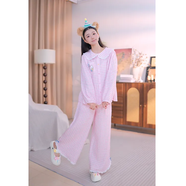 粉格KT糖果娃娃领 睡衣女秋款少女家居服秋季直少女家居服可外穿