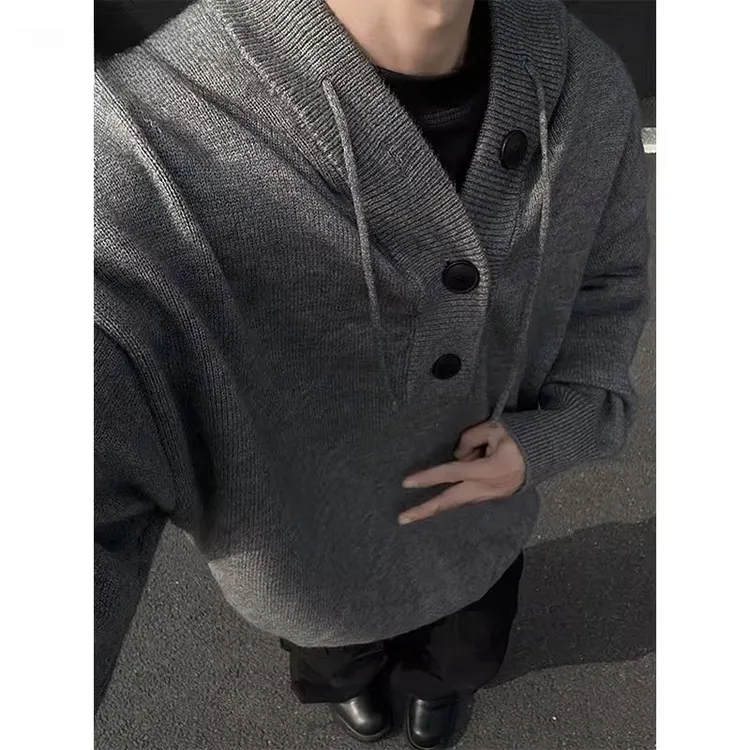 仓石一树灰色毛衣男款秋冬慵懒风松弛感连帽卫衣美式复古针织外套