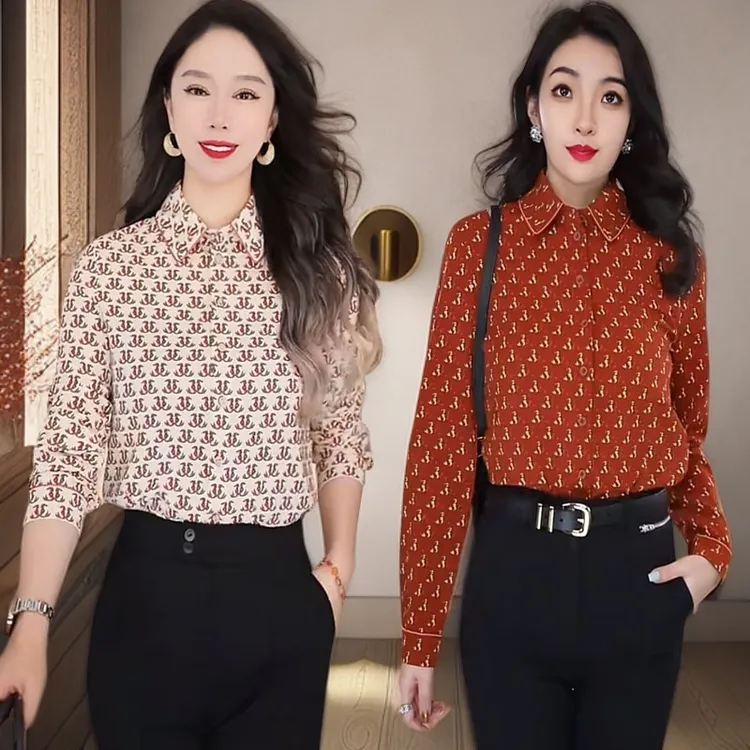 哥家新款简约百搭翻美人鱼印花休闲长袖衬衫女宽松打底衬衣130073