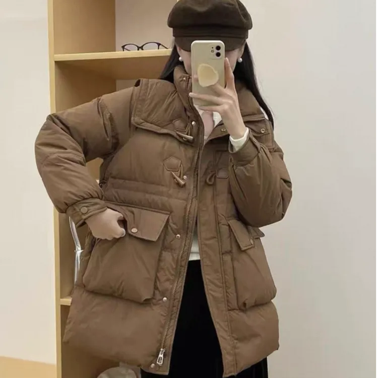 新款中长款白鸭绒女牛角扣韩版收腰显瘦休闲冬季