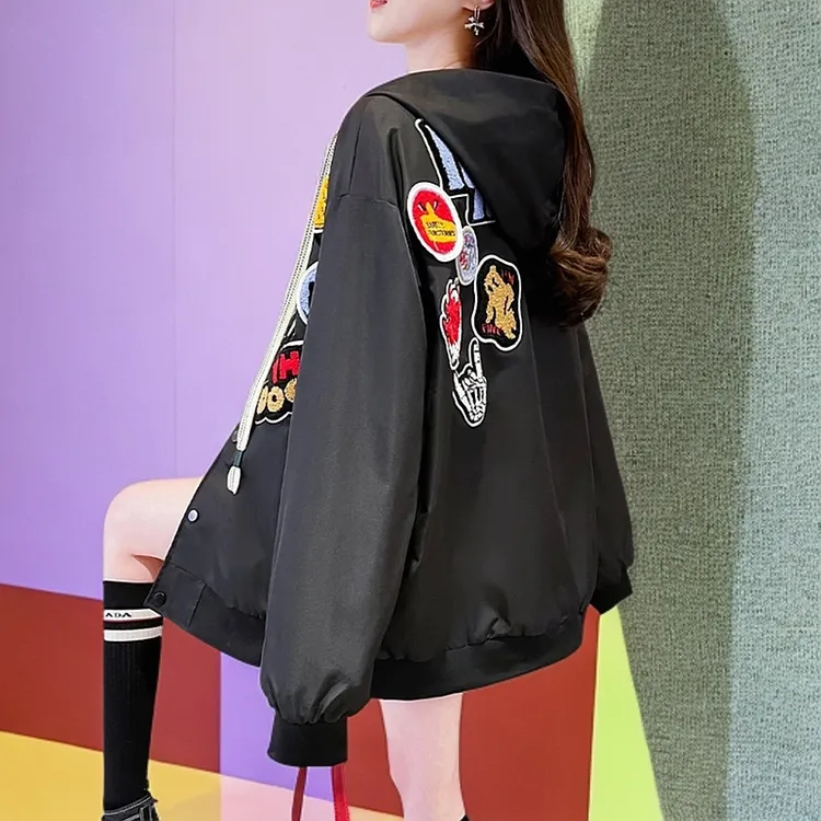 美式复古棒球服外套女春秋款宽松休闲大码初高中学生连帽工装夹克