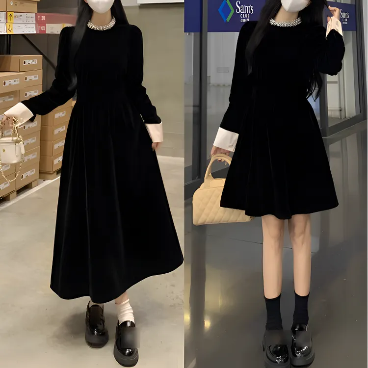 2025新款显瘦辣妈高级感新中式丝绒内搭裙子气质时尚小黑裙赫本风