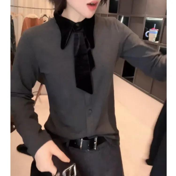 磨毛翻领设计感时尚百搭长袖显瘦T恤上衣LK2508968