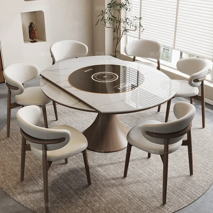 多功能电磁炉白蜡木岩板可方变圆形餐桌椅伸缩折叠实木小户型家用