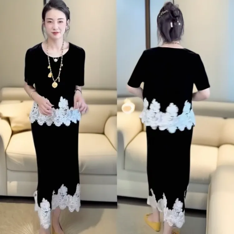 2025夏季新款时尚高级感气质显瘦蕾丝拼接丝绒上衣半身裙两件套女