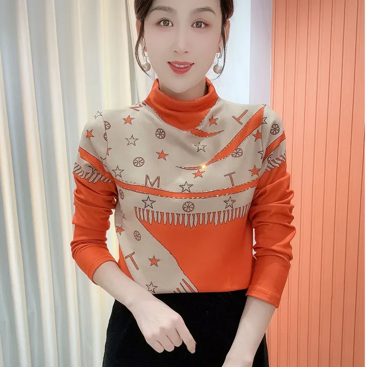 2025冬季新款半高领印花气质百搭长袖减龄加绒打底衫上衣女782