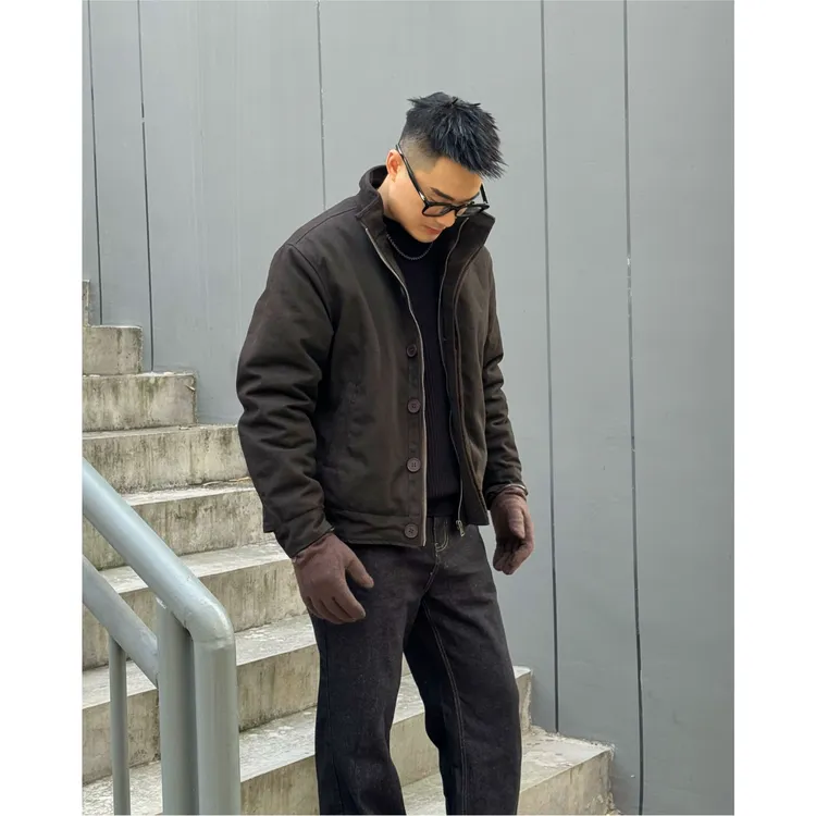 LIGGICC 美式复古仿兔毛绒感复古立领双拉链纽扣夹克棉服外套男潮