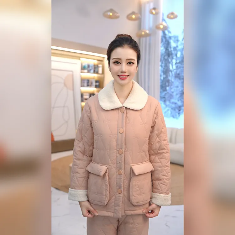 秋鹿暖羽绸法兰绒夹棉扣领优雅女套女套保暖家居服