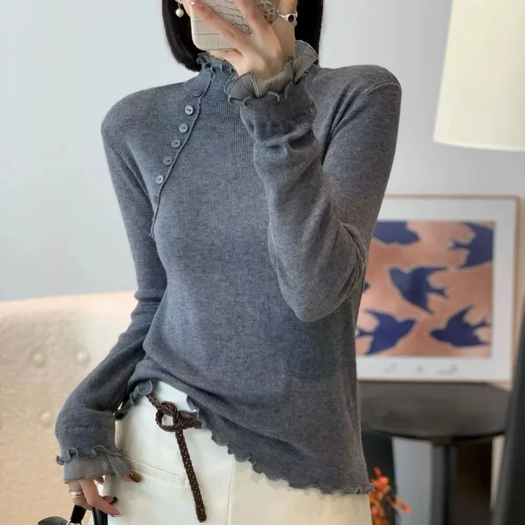 网纱拼接半高领毛衣针织衫女修身显瘦打底上衣斜扣木耳边内搭灰色