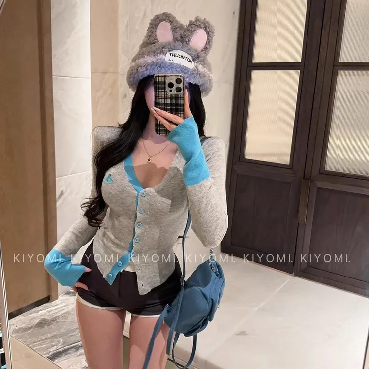 KIYOMI早春纯欲甜美辣妹撞色多巴胺薄款针织开衫垫肩显瘦假两件