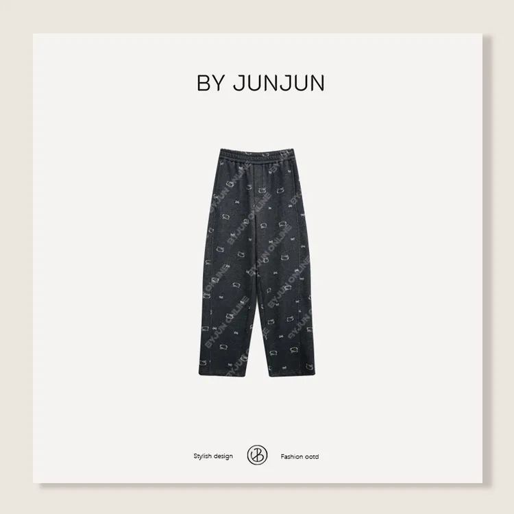 ByJunjun猫咪刺绣 加厚银狐绒卫裤保暖百搭显瘦松紧腰休闲裤