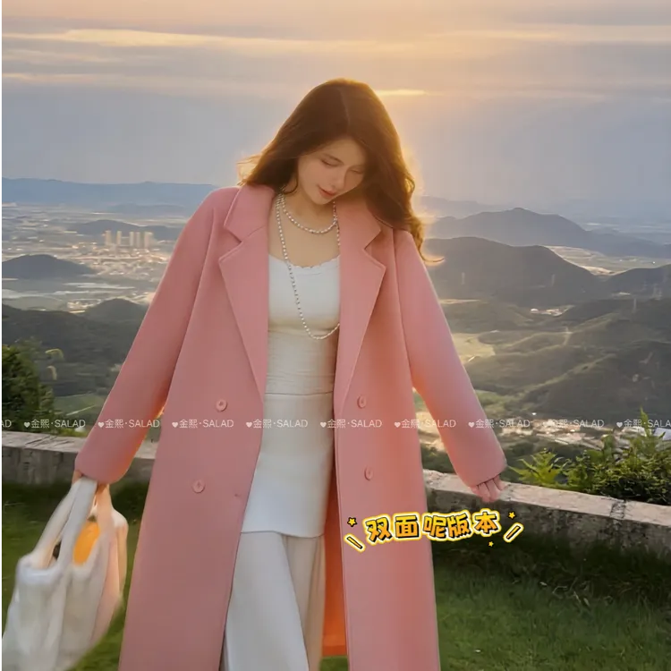 金熙·SALAD【心动恋人】粉色韩版宽松小个子双面毛呢大衣秋冬外套