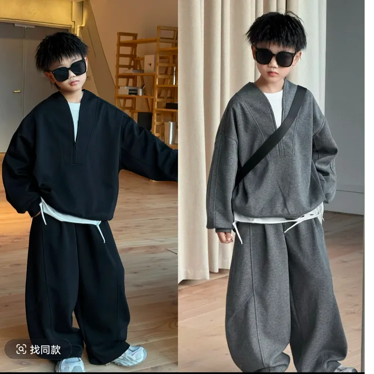 纯色常规款休闲风男男童休闲运动套头秋季套装