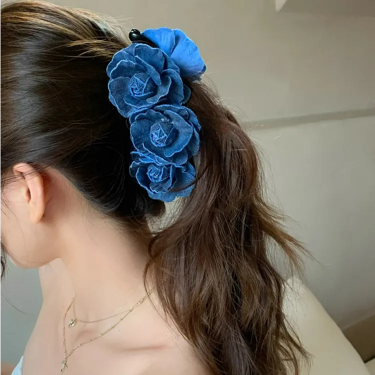 易梦玲同款牛仔蓝山茶花香蕉夹高马尾发夹女后脑勺抓夹头饰发卡