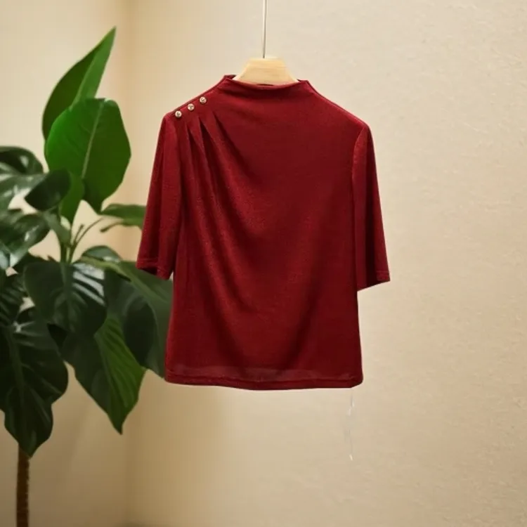 S030 春季新款简约时尚气质显瘦半高领五分袖百搭小衫