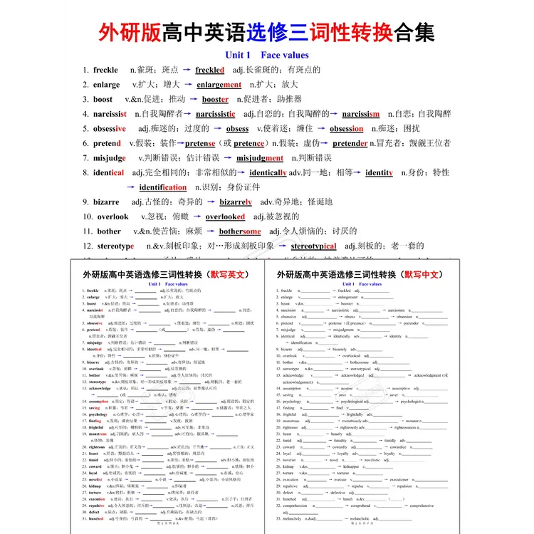 G574外研版高中英语选修三词性转换合集背诵 中英默写PDF电子版