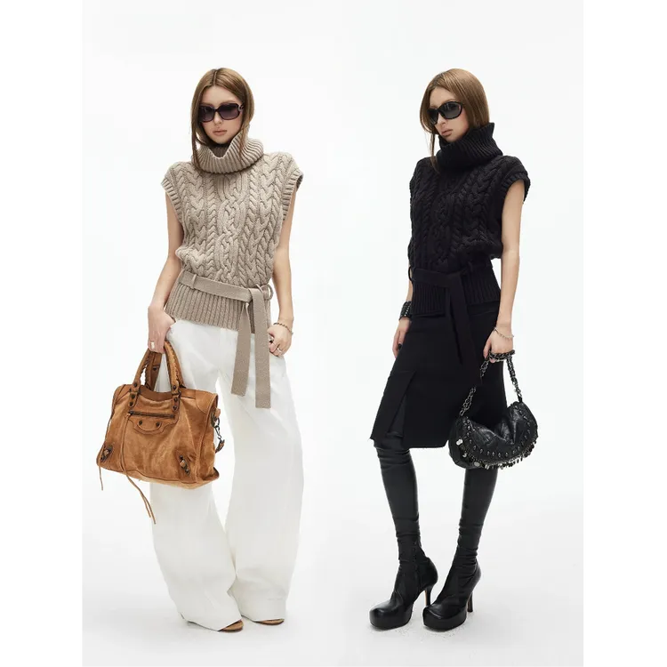 粗针编织立体大麻花高领小飞袖腰带绞花毛衣背心AY1908