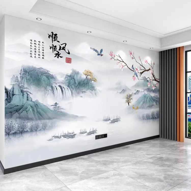 定制客厅新中式水墨山水18D电视背景墙壁画墙布壁纸顺风顺水壁布