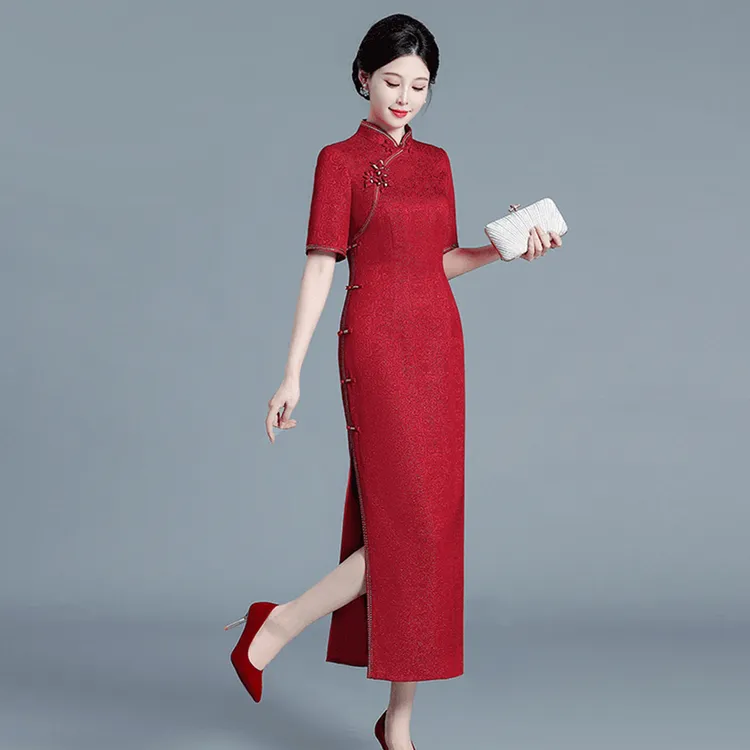 高端醋酸连衣裙喜婆婆结婚婚宴中式提花旗袍时尚修身优雅气质礼服