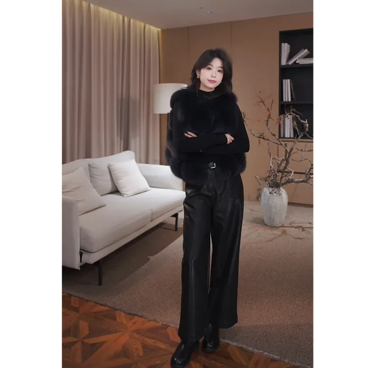 广州琴姐【暗夜骑士】琥珀流光风黑色显瘦直筒皮裤女秋冬新款 7820