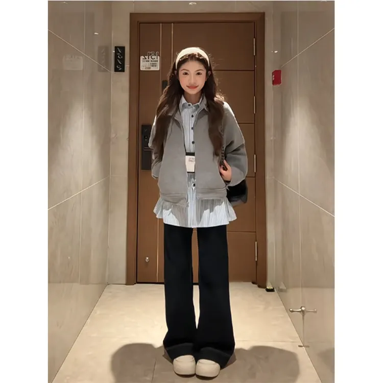 灰色休闲时尚外套女2025早秋新款宽松休闲百搭学院风夹克拉链上衣