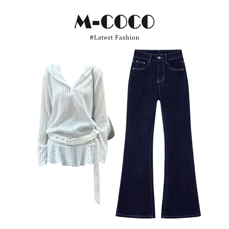 MARIE.COCO韩系高级感连帽长袖针织衫上衣搭配微喇牛仔裤时尚套装