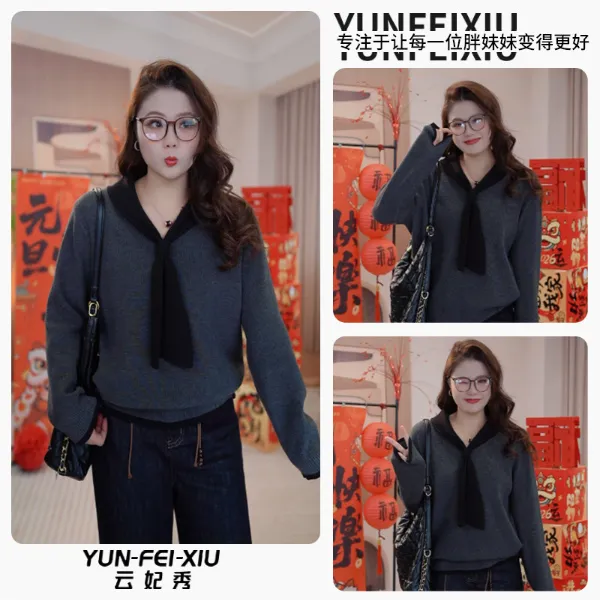 云妃秀大码女装针织衫V领带拼接时尚宽松显瘦遮肉胖妹妹冬季3653