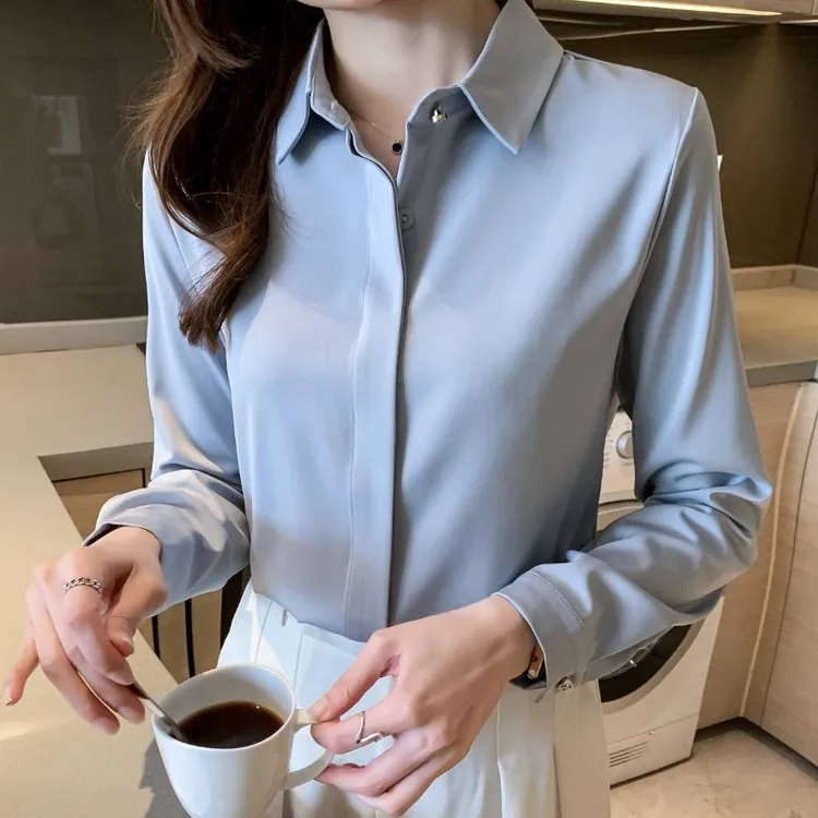 【柔顺亲肤】秋季高档衬衫女长袖通勤百搭职业垂感轻奢云海蓝上衣OL