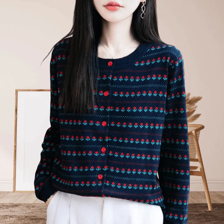 复古时尚圆领小玫瑰提花设计感针织衫女韩系新款减龄洋气百搭上衣