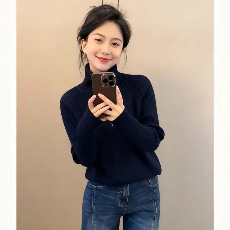 半拉链立领坑条针织衫女2025秋季新款时尚洋气宽松显瘦毛衣上衣