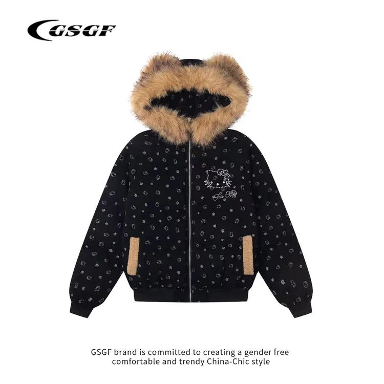 GSGF原创卡通钉珠凯蒂猫毛领立耳连帽棉服外套女男秋冬加厚面包服