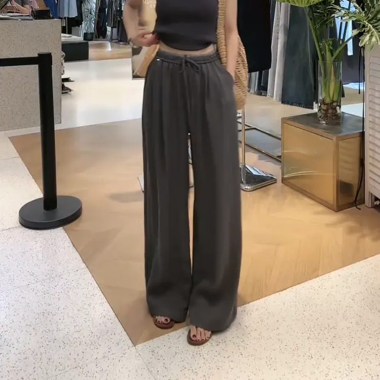 2025新款垂坠撞色拼接腰高级感抽绳阔腿拖地长裤LK2502801