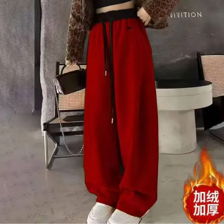 2025韩版网红秋冬爆款弯刀裤休闲卫裤刺绣保暖长高腰阔腿裤