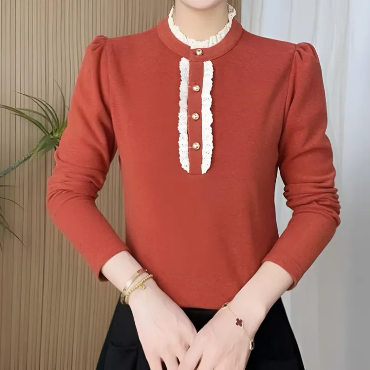 半高领木耳边拼接长袖保暖打底衫女冬新款时尚减龄百搭衬衫-25217