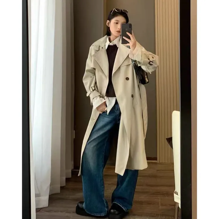 【清仓】春季法式百搭时尚翻领双排扣显瘦气质百搭风衣8828#0.1